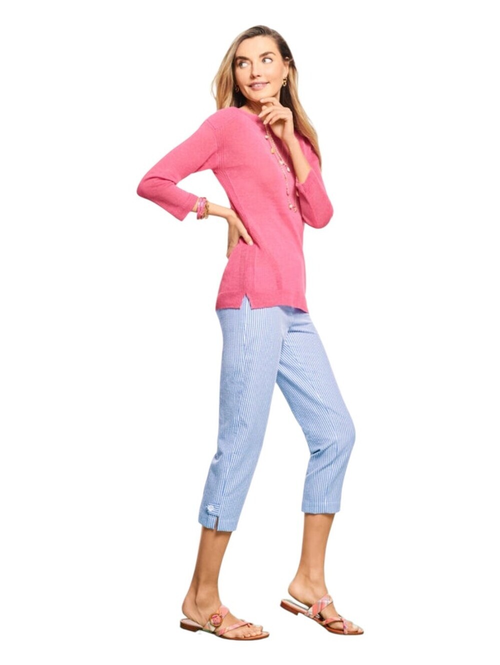 Talbots Womens Blue Striped Perfect Skimmers Cotton Seersucker Capri Pants 14